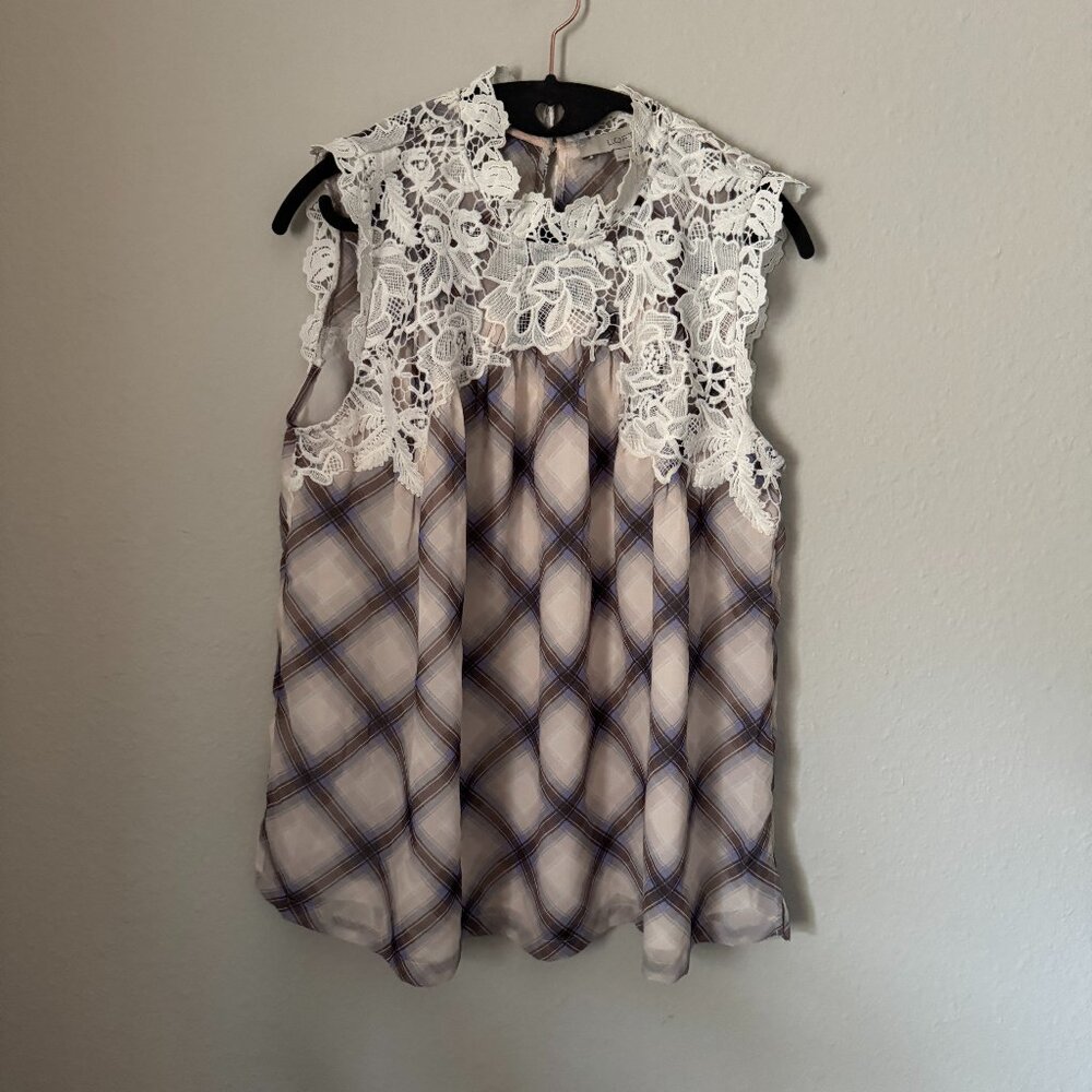 🌸 LOFT Lace Top Sleeveless Plaid Blouse Medium 🌸